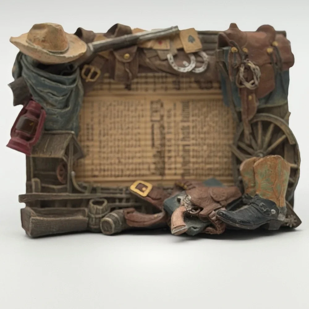 Vintage Western Cowboy 3D Resin Picture Frame Rustic Old West Saddle Boots Decor